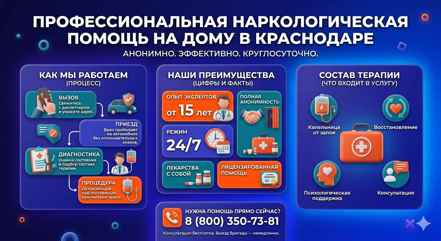 Инфографика о принципах лечения алкоголизма на дому в Гурьевске: этапы вызова нарколога, преимущества анонимной детоксикации и состав медицинской помощи.